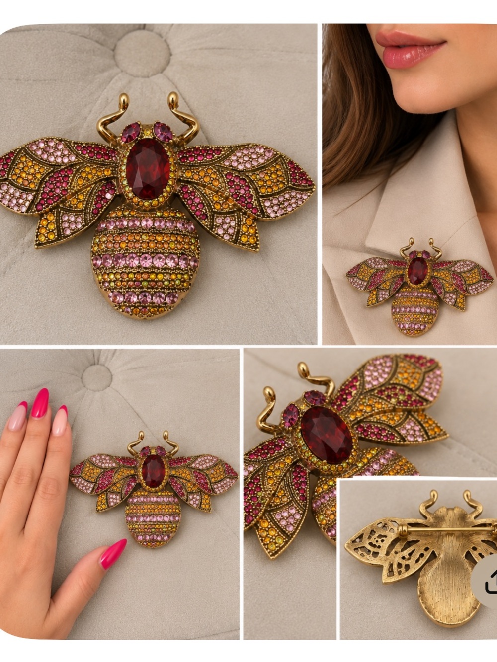 Gold-Tone Bee Brooch with Pink, Magenta & Yellow Crystals